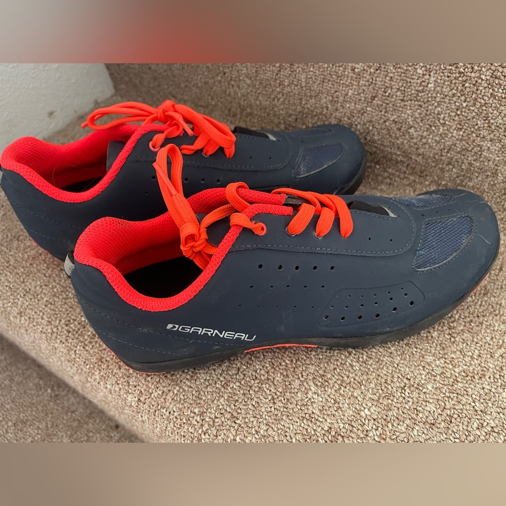 EUC! LOUIS GARNEAU CLIP CYCLING SHOES TFLEX 8 NAVY BLUE/ORANGE - LADIES SZ 10.5